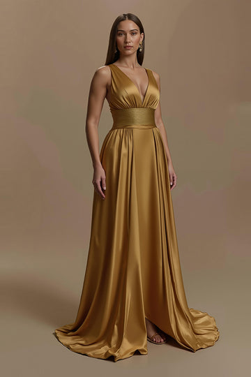 Golden A-Line V-Neck Satin Maxi Holiday Dress